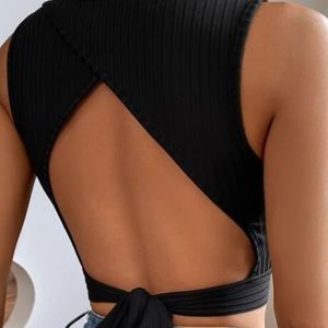 black crop top with open back and tie